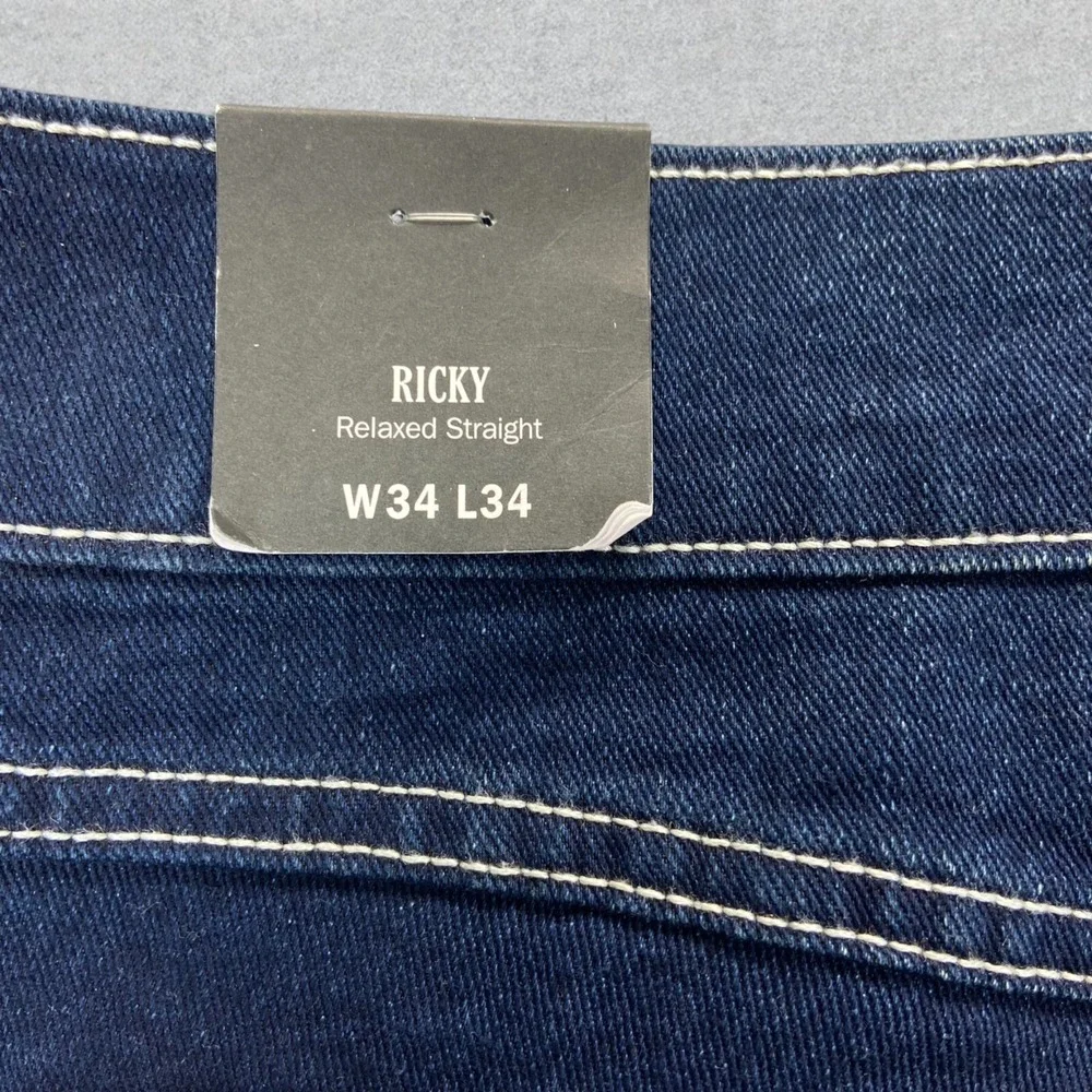 NEW True Religion Jeans Mens 34x34 Blue Denim Ricky Flap Distressed Straight Leg